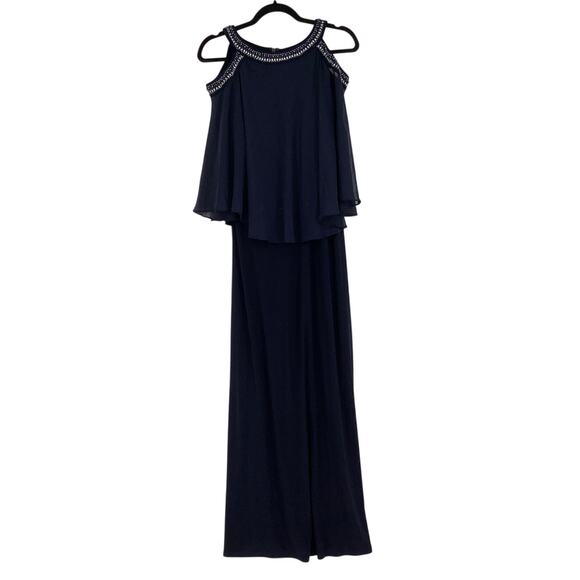 Alex Evenings Womens 6 Navy Cold Shoulder Popover Maxi Gown Beaded Neck OS15-13 - Picture 6 of 10